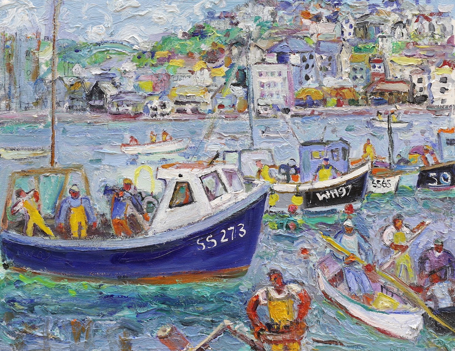 Linda Weir (1951-), oil on canvas, 'Men Coming Home, St Ives Harbour', signed and dated '08, 36 x 46 cm.